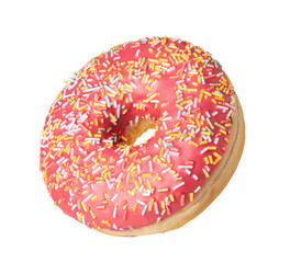 Delicious pink donut with colorful sprinkles on transparent background