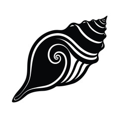 Elegant black and white illustration of a detailed seashell depicting coastal marine life isolated on a white background