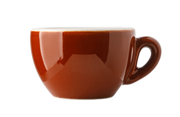 Brown ceramic coffee cup filled with coffee on transparent background