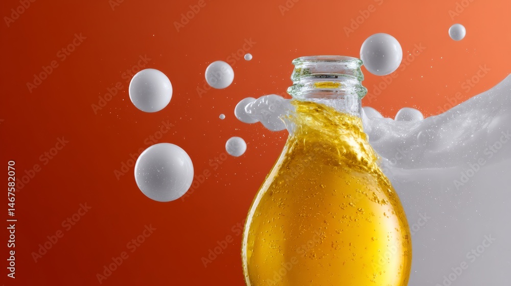 Poster bottle of beer is shown with a splash of foam and bubbles. concept of fun and excitement, as if some
