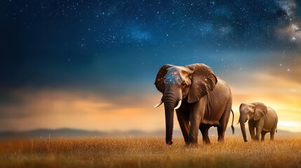 Fototapeta premium Elephants walking in a serene landscape at sunset.