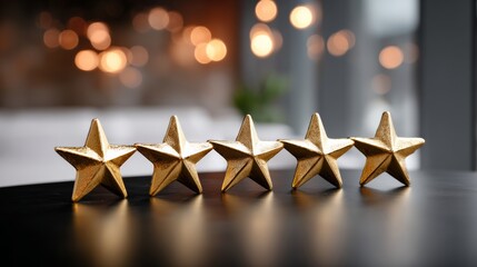 Row of five gold stars are placed on a black table. The stars are shiny and stand out against the dark background. Concept of achievement and success