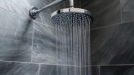 Modern bathroom shower head with flowing water against gray tiled wall