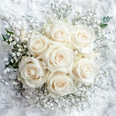 Obraz premium Elegant, ivory wedding bouquet, delicate roses and baby's breath