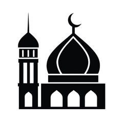 Minimalist black silhouette illustration depicting a mosque featuring a dome minaret and crescent moon symbol