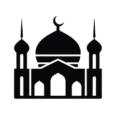 A bold black and white illustration of a mosque featuring minarets, a dome, and a crescent moon, representing islamic architecture.