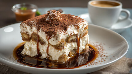 Tiramisu delight: A close-up showcases an exquisite tiramisu, its layers of coffee-soaked ladyfingers, creamy mascarpone, and cocoa powder inviting indulgence, accompanied by a cup of espresso.