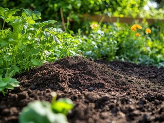 Close-up of a composting pile in a community garden, rich in organic material, surrounded by lush greenery. Natural daylight.