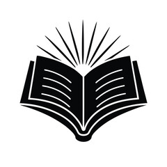 Black and white silhouette of an open book with radiating light representing knowledge education and learning