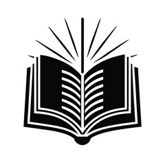 Black and white open book silhouette with radiating lines representing knowledge education and learning concept