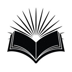 Illustration of an open book with radiating lines symbolizing knowledge enlightenment and education in monochrome style