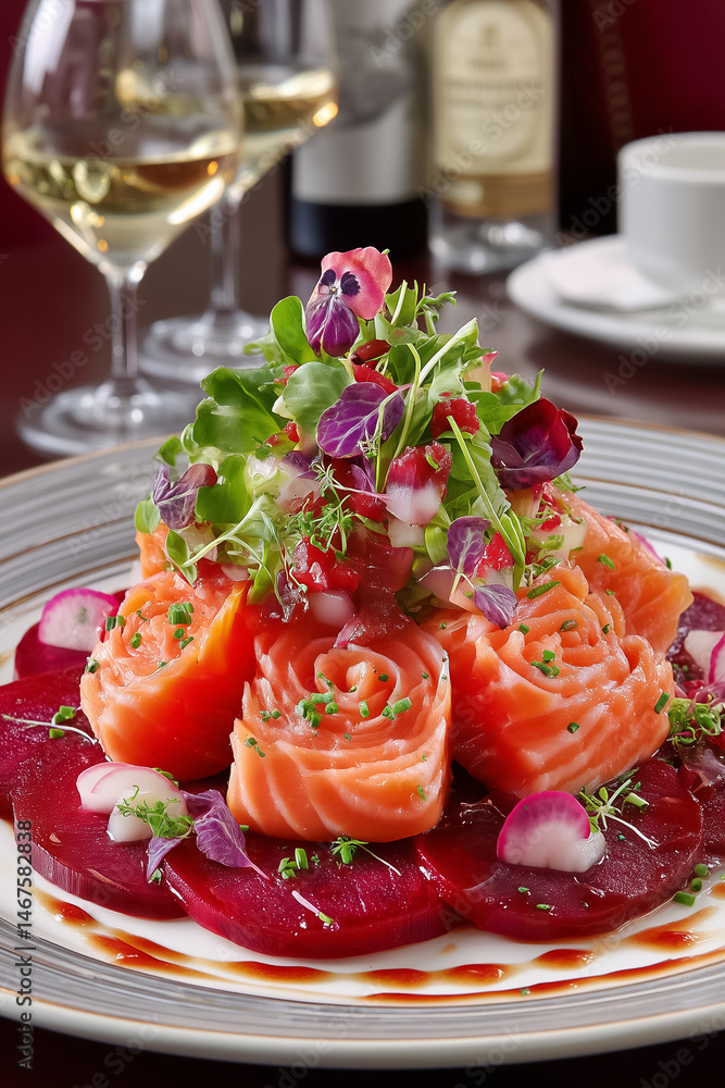 Poster smoked salmon roses arranged on vibrant beetroot carpaccio with microgreens, creating an appetizing 