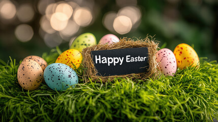a festive Easter display with colorful eggs green grass and "Happy Easter" sign perfect for greeting cards