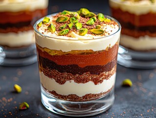 Delicious layered dessert topped with pistachios.