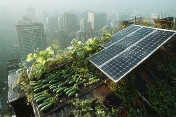 Urban rooftop garden with solar panels.