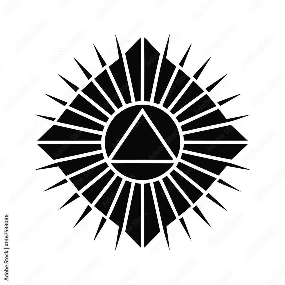 Poster a bold geometric design featuring a circular triangle within a shape surrounded by sun rays in a mod
