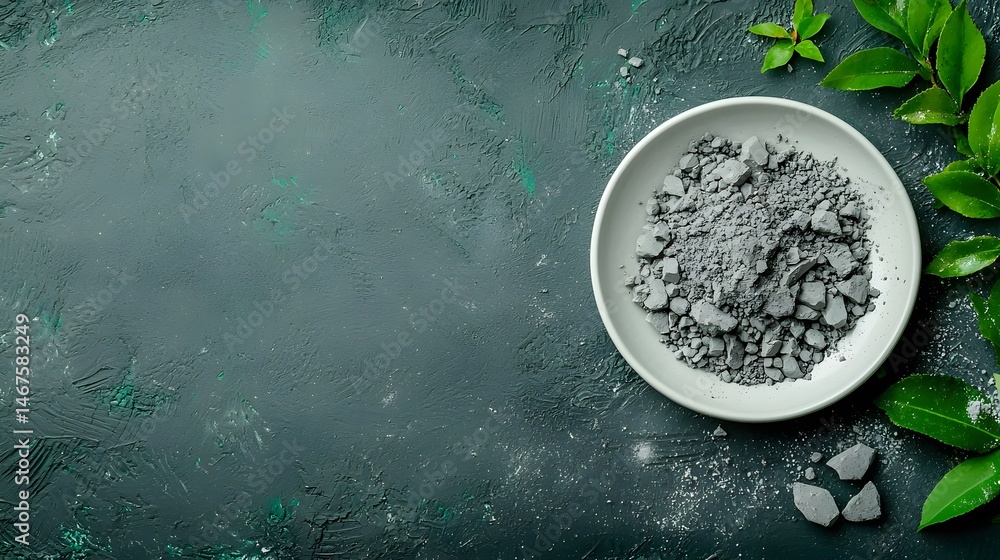 Poster a close up view of crushed gray mineral ore or rock fragments displayed on a clean white ceramic pla