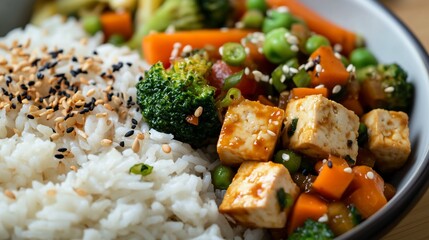 Delicious Tofu Stir-Fry with Rice and Vegetables, A Healthy Meal Option