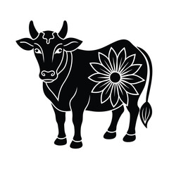 A stylized black and white illustration of a cow adorned with a floral design in the center of its body presented against a white background.