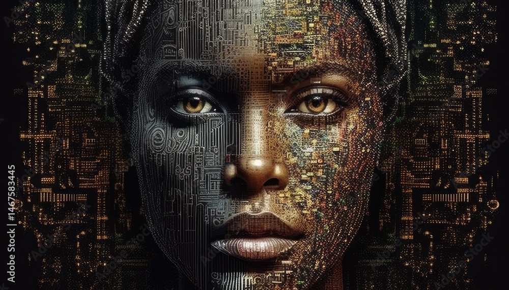 Poster digital portrait of a person with pixelated texture on a green background. human or human robotic lo