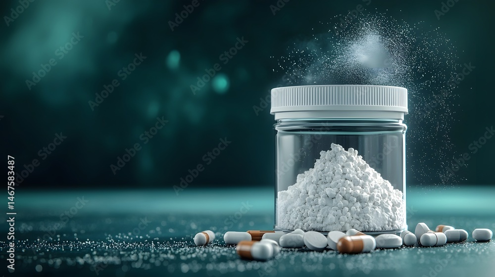 Poster a photograph of yttrium oxide powder in a transparent laboratory container with a futuristic lightin