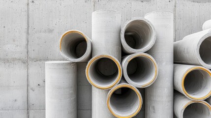 Concrete pipes stacked in a construction setting.