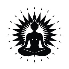 A black and white illustration of a meditating person within a starburst design representing mindfulness and spiritual wellness.