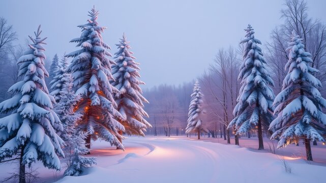 A serene winter wonderland scene features snow-covered evergreen trees lining a softly lit path through a tranquil snowy forest at twilight.
