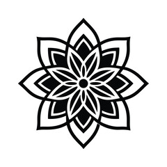 Black and white floral mandala illustration featuring symmetrical design with a central circular flower shape for design purposes.