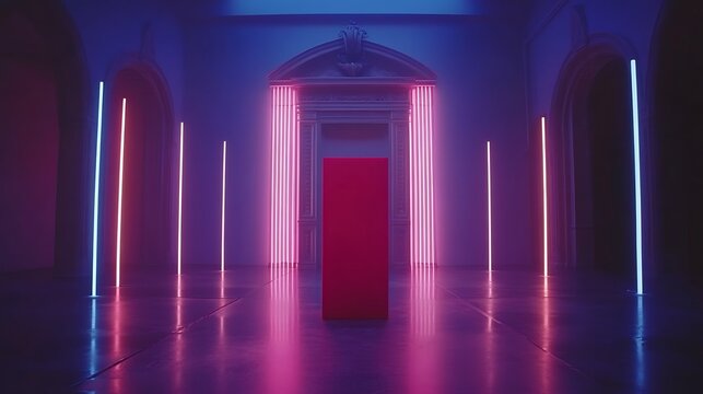 Empty room, neon lights, red cube - Powered by Adobe