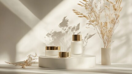 Fototapeta premium Elegant skincare products displayed with soft shadows and decor
