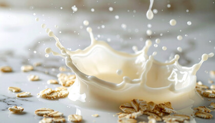 Oatmeal splash from milk pouring kitchen table food photography bright and clean close-up