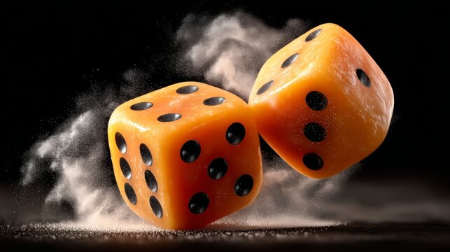 Two orange dice are falling through the air, with one of them landing on a pile of dust