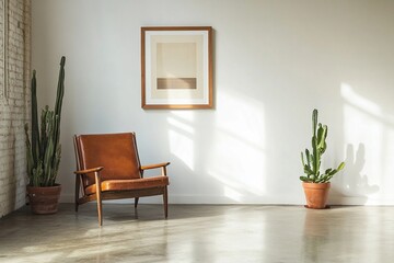 Living room with leather chair and green plants in modern minimal interior design. Sunlight streaming across wall and concrete floor creates cozy atmosphere.