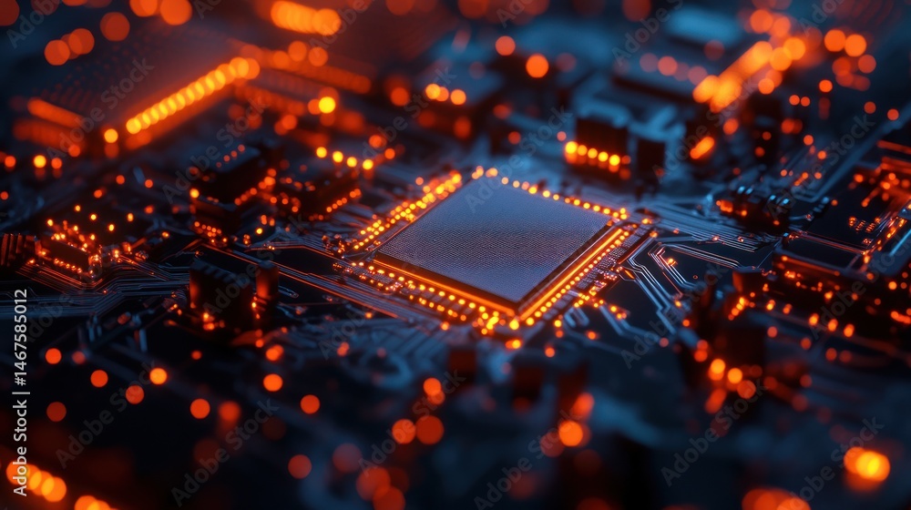 Poster close-up of a glowing microchip with intricate circuitry details