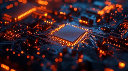 Close-up of a glowing microchip with intricate circuitry details