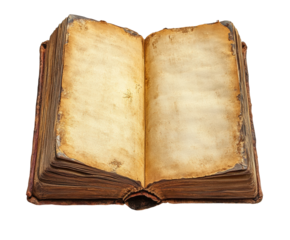 Ancient open book library still life vintage eye-level knowledge preservation isolated on transparent background