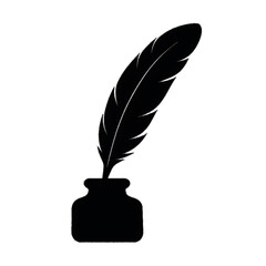 black silhouette of a quill pen in an ink bottle minimal vector style design for writing, literature, and artistic expression representing creativity, storytelling, and vintage writing tools