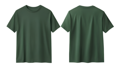 T-shirt mockup, dark green color t-shirt front and back view isolated on transparent background. 