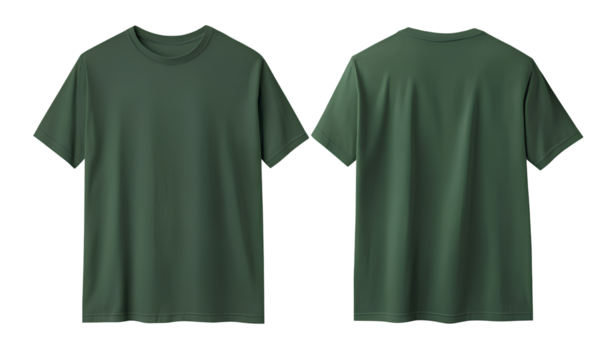 T-shirt mockup, dark green color t-shirt front and back view isolated on transparent background. 