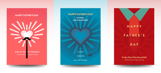 Set of Father’s Day posters with heart, burst, and shirt graphic themes