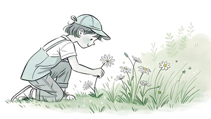 Child Picking Wildflowers in a Meadow, Gentle Illustration