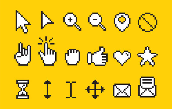 set of cursors and computuer's icon,pixel art style, icon and symbol