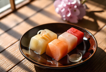 Colorful sushi nigiri on black plate near window