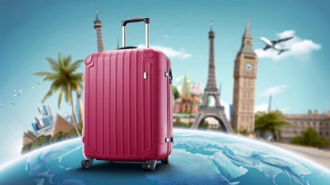 Red suitcase is on a globe with the Eiffel Tower in the background. The suitcase is on wheels and is placed on the globe, which is surrounded by water. Concept of travel and adventure
