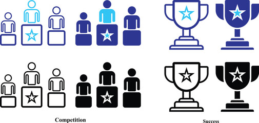 Competition and Success Icons. Achievement with Trophy and Prize icon set. Cup icon trophy to the winner for the first place icon. Award, Trophy, Medal, Crown, Winner, Congratulating, Certificate. 