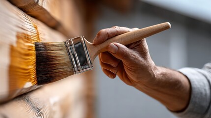 Person is painting a wooden wall with a brush. The brush is brown and black, and the person is holding it in their hand. Scene is calm and focused