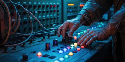 Close-up of hands adjusting knobs and pressing colorful illuminated buttons on a retro electronic control panel in a dimly lit environment.