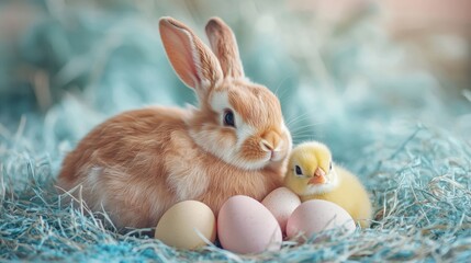 Easter bunny and a chick with eggs