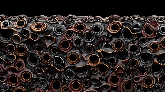 Abstract organic form, a textured layer of flowing shapes, with a dense collection of circular holes, in shades of dark grey, copper, and brown